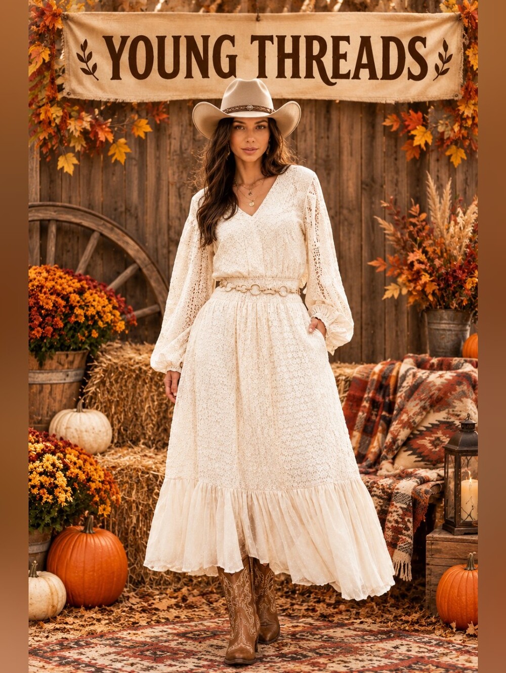408 Young Threads Cream Lace Maxi Skirt with Ruffled Hem